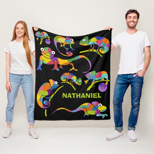 Cute Cartoon Chameleons Bright Colours Personalise Fleece Blanket (In Situ)