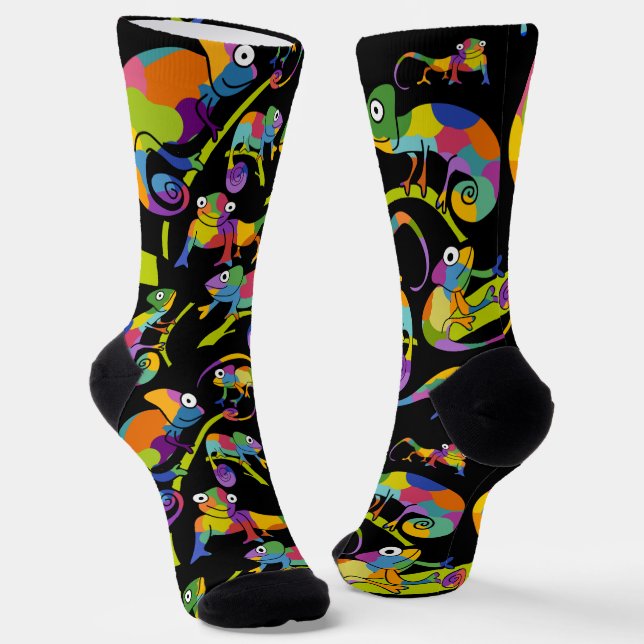 Cute Cartoon Chameleons Illustrated Bright Colours Socks (Angled)