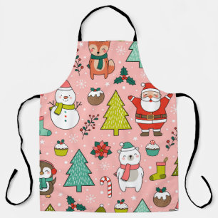 Cute cartoon character, pine trees and christmas e apron