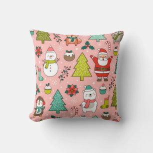 Cute cartoon character, pine trees and christmas e cushion