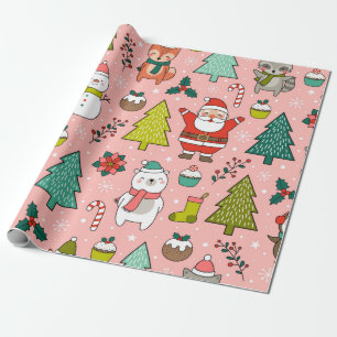 Cute cartoon character, pine trees and christmas e wrapping paper