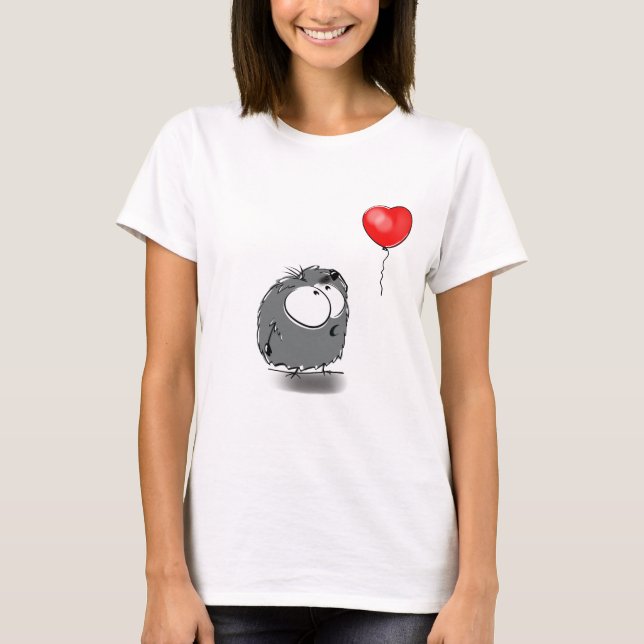 Cute Cartoon Character with Red Heart Balloon T-Shirt (Front)