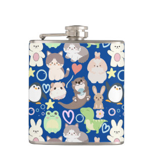 Cute Cartoon characters pattern D Blue BG Hip Flask