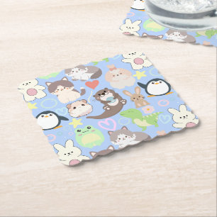 Cute Cartoon characters pattern L Blue BG Paper Coaster