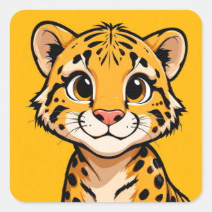 Cute Cartoon Cheetah Cub Illustration Square Sticker