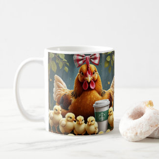 Cute Cartoon Chicken, Colorful Floral. Farm Animal Coffee Mug