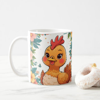 Cute Cartoon Chicken, Colorful Floral. Farm Animal Coffee Mug