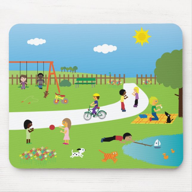 Cute Cartoon Children & Pets Playing In The Park Mouse Mat (Front)