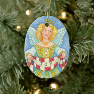 Cute Cartoon Christmas Angel Halo with Joy Banner Ceramic Tree Decoration