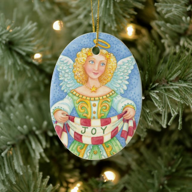 Cute Cartoon Christmas Angel Halo with Joy Banner Ceramic Tree Decoration (Tree)