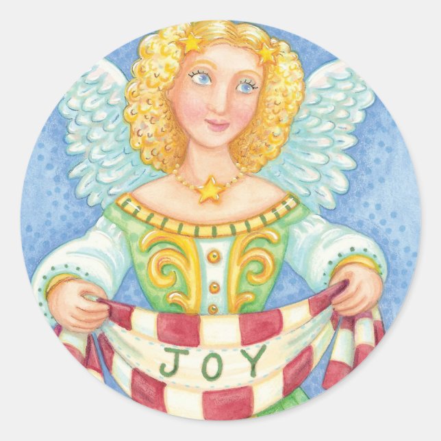 Cute Cartoon Christmas Angel Halo with Joy Banner Classic Round Sticker (Front)