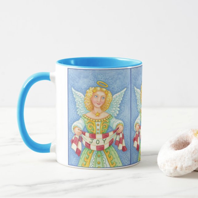 Cute Cartoon Christmas Angel Halo with Joy Banner Mug (With Donut)