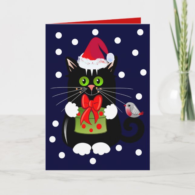 Cute cartoon Christmas card with Cat and Robin (Front)