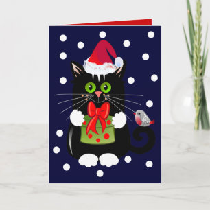 Cute cartoon Christmas card with Cat and Robin