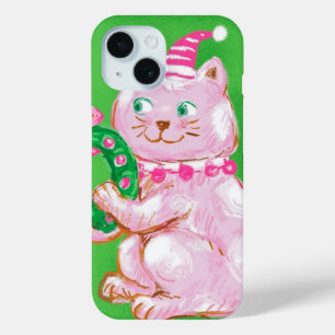 Cute Cartoon Christmas Cat Holding Wreath iPhone 15 Case