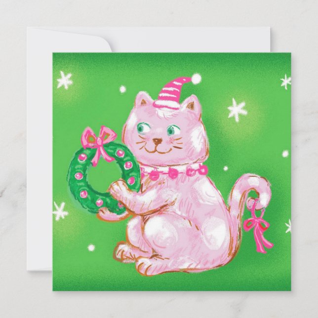 Cute Cartoon Christmas Cat Holding Wreath Holiday Card (Front)