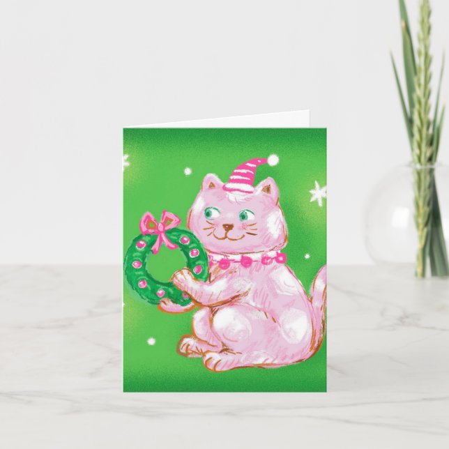Cute Cartoon Christmas Cat Holding Wreath Holiday Card (Front)
