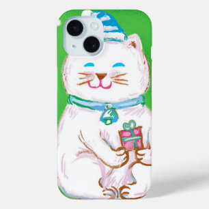 Cute Cartoon Christmas Cat Wearing a Santa Hat iPhone 15 Case