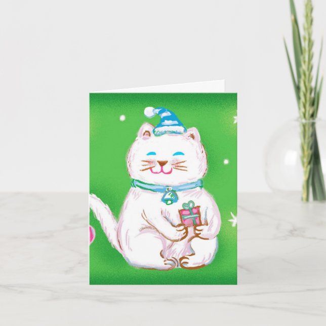 Cute Cartoon Christmas Cat Wearing a Santa Hat Holiday Card (Front)