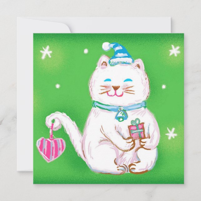 Cute Cartoon Christmas Cat Wearing a Santa Hat Holiday Card (Front)