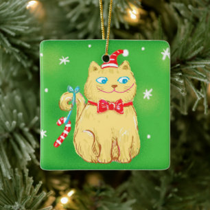 Cute Cartoon Christmas Cat with Santa Hat Ceramic Ornament