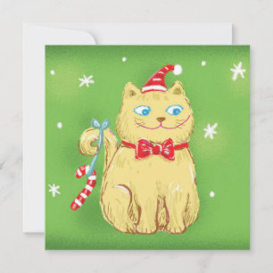 Cute Cartoon Christmas Cat with Santa Hat Holiday Card