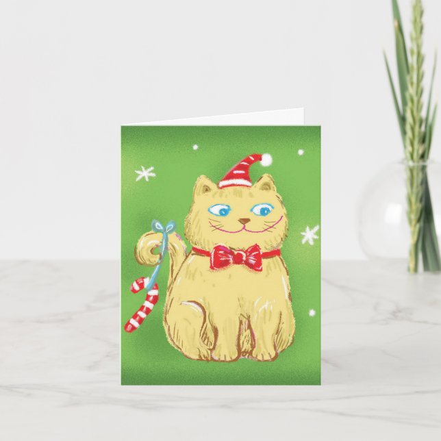 Cute Cartoon Christmas Cat with Santa Hat Holiday Card (Front)