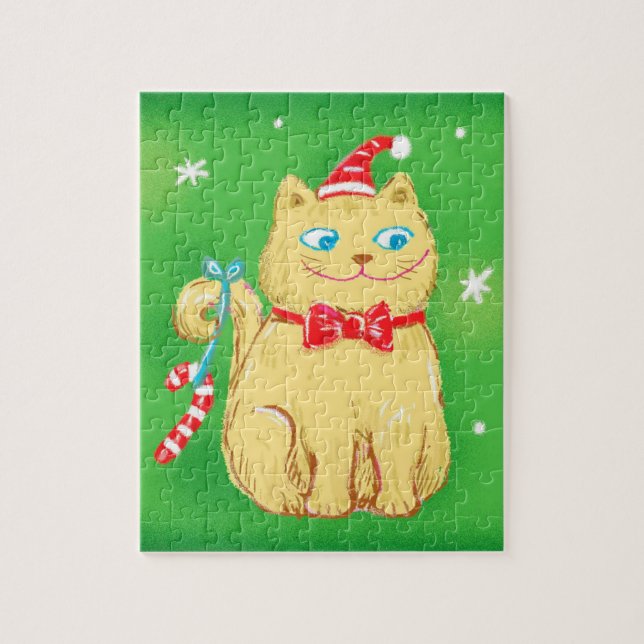 Cute Cartoon Christmas Cat with Santa Hat Jigsaw Puzzle (Vertical)