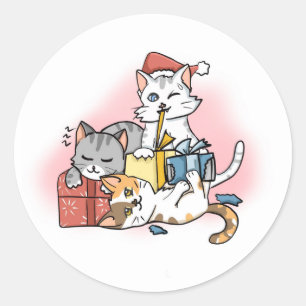 Cute Cartoon Christmas Cats playing with Gifts  Classic Round Sticker