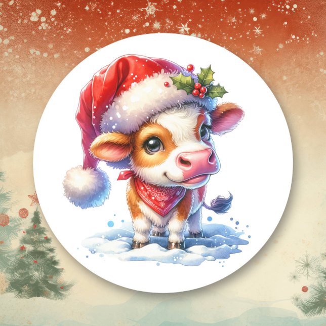 Cute Cartoon Christmas Cow in Santa Hat Classic Round Sticker (Creator Uploaded)