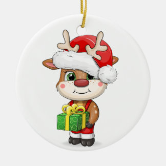 Cute cartoon Christmas deer. Ceramic Tree Decoration