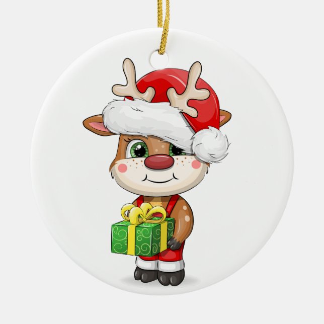 Cute cartoon Christmas deer. Ceramic Tree Decoration (Front)