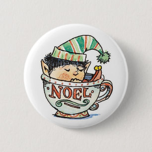 Cute Cartoon Christmas Elf Sleeping in a Tea Cup 6 Cm Round Badge