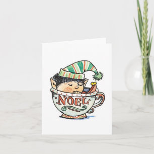 Cute Cartoon Christmas Elf Sleeping in a Tea Cup Holiday Card