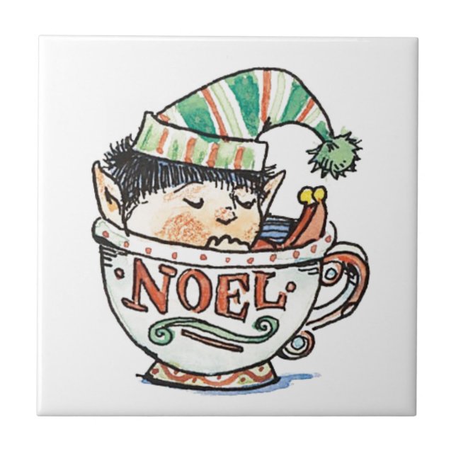 Cute Cartoon Christmas Elf Sleeping in a Tea Cup Tile (Front)