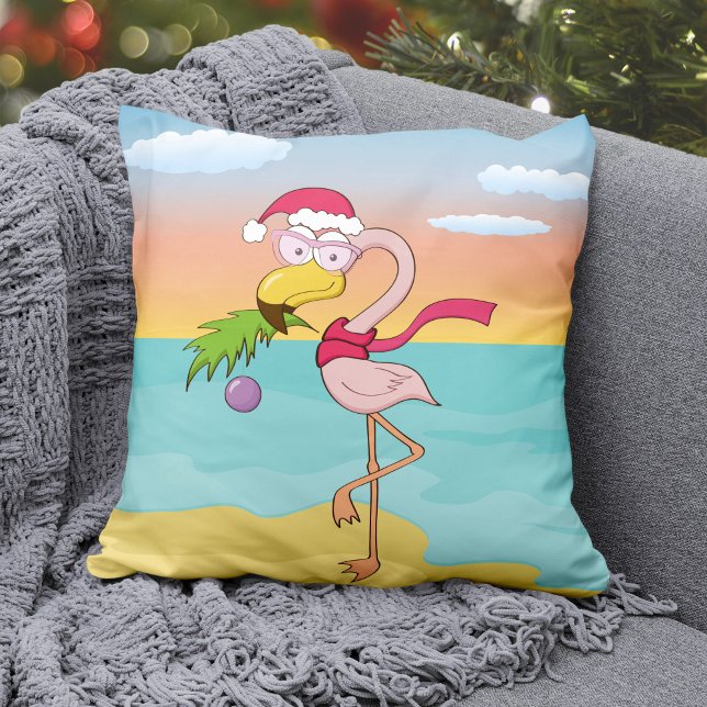 Cute cartoon Christmas flamingo on the beach Cushion (Creator Uploaded)