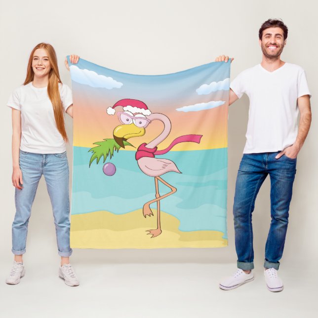 Cute cartoon Christmas flamingo on the beach Fleece Blanket (In Situ)