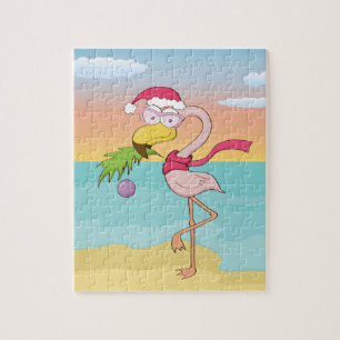 Cute cartoon Christmas flamingo on the beach Jigsaw Puzzle