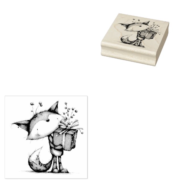 Cute Cartoon Christmas Fox Rubber Stamp (Stamped)