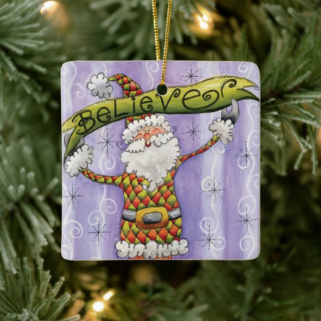 Cute Cartoon Christmas, I Believe in Santa Claus Ceramic Ornament (Tree)