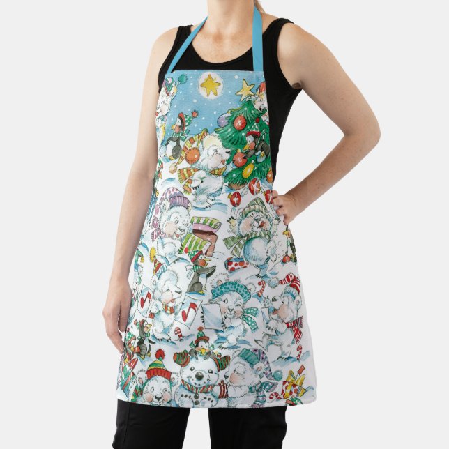Cute Cartoon Christmas Polar Bear Penguin Party Apron (Insitu)