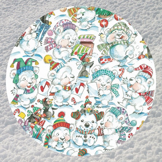 Cute Cartoon Christmas Polar Bear Penguin Party Classic Round Sticker (Creator Uploaded)