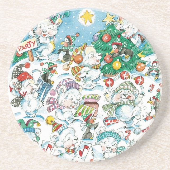 Cute Cartoon Christmas Polar Bear Penguin Party Coaster (Front)
