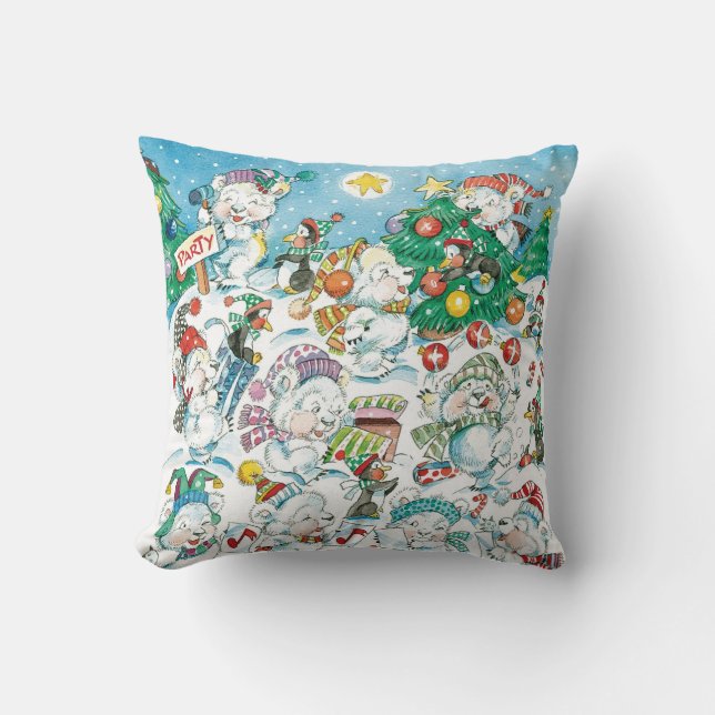 Cute Cartoon Christmas Polar Bear Penguin Party Cushion (Front)