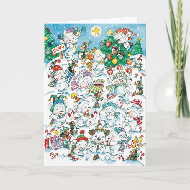 Cute Cartoon Christmas Polar Bear Penguin Party Holiday Card (Front)