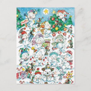 Cute Cartoon Christmas Polar Bear Penguin Party Holiday Postcard
