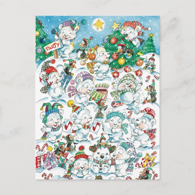 Cute Cartoon Christmas Polar Bear Penguin Party Holiday Postcard (Front)
