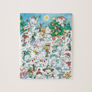 Cute Cartoon Christmas Polar Bear Penguin Party Jigsaw Puzzle