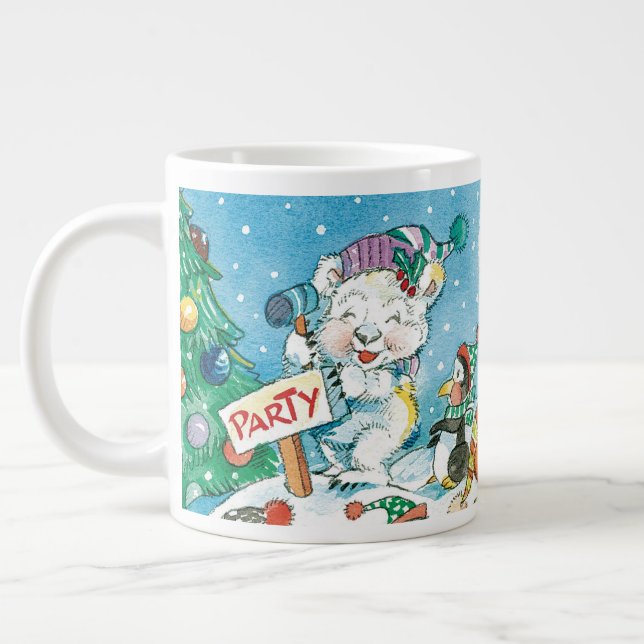 Cute Cartoon Christmas Polar Bear Penguin Party Large Coffee Mug (Left)