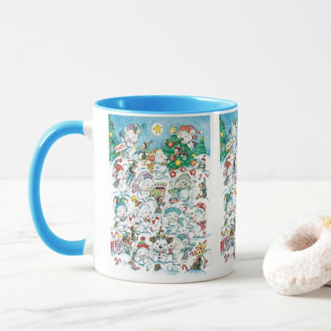 Cute Cartoon Christmas Polar Bear Penguin Party Mug (With Donut)